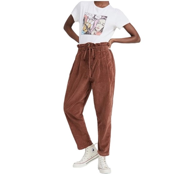 Free People Margate Brown Pleated High Rise Paper Bag Cord Ladies Trousers, XS - Picture 7 of 11